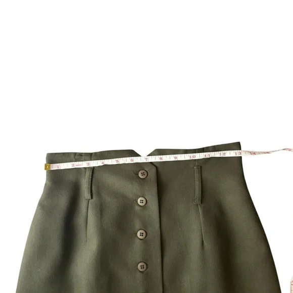 Vintage 90s Olive Green Button Front Midi Skirt High Waist Tailored Minimalist - Picture 9 of 15
